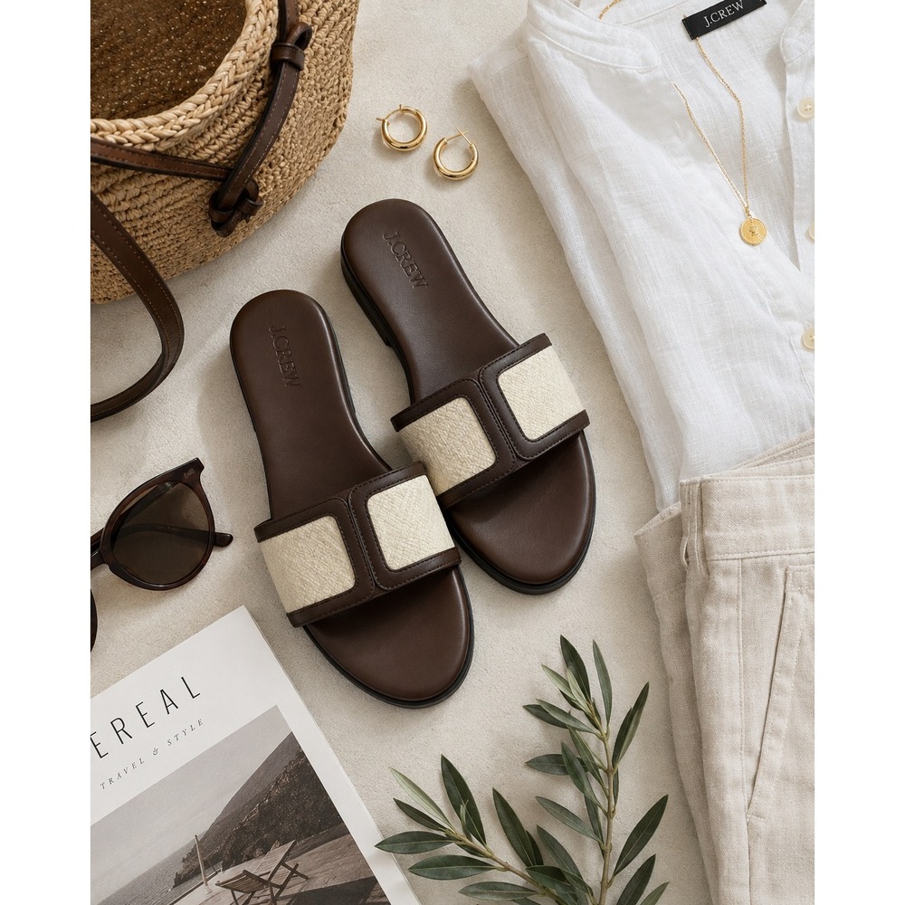 J.Crew Brown Leather Slide Sandals Ivory Strap Minimalist Summer Flat Size 8.5